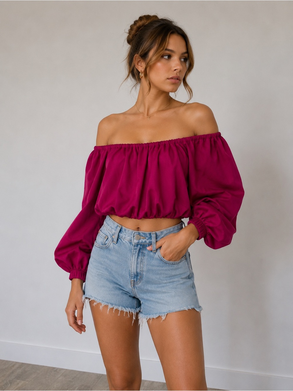 Pants‎ Store Off Shoulder Crop Top Fuchsia Pink Size Small